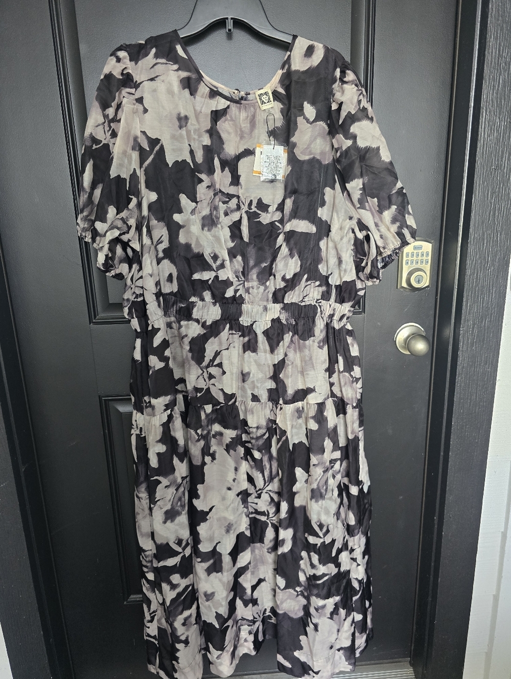 Anne Klein Plus Sz 3X Black Floral Maxi Dress Puff Sleeve Elastic Waist Coastal - Picture 1 of 11